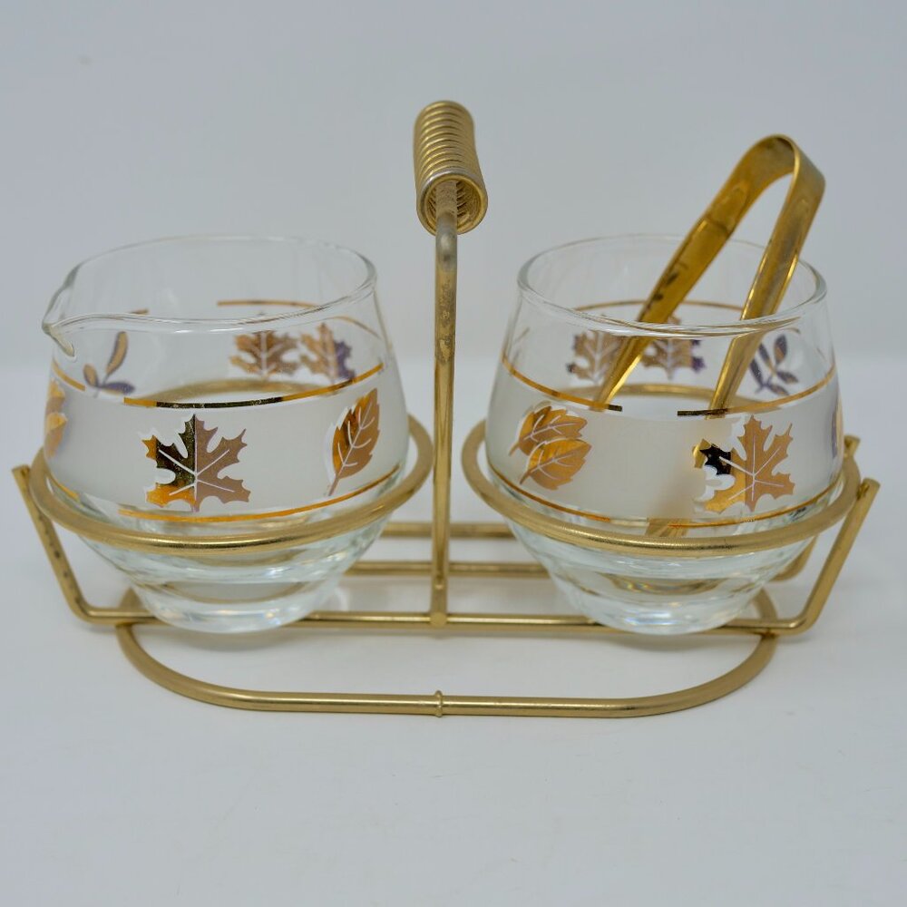 vtg LIBBY Gold Leaf MCM Sugar Creamer Caddy TONGS Starlyte Etched EUC